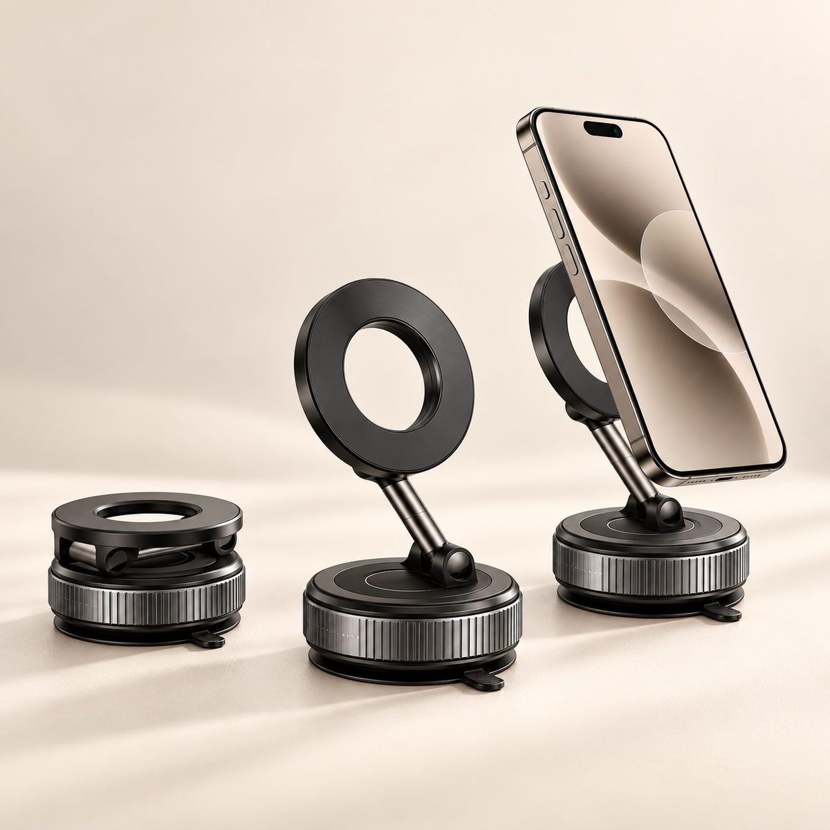 Arklo FlexMount folded, open, and holding a phone