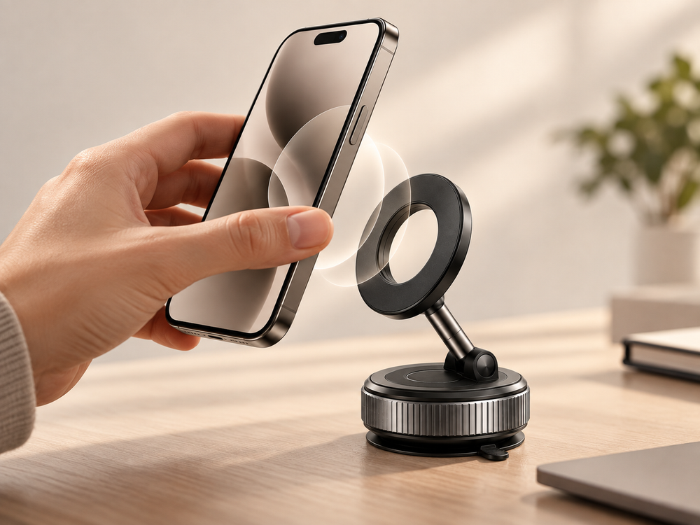 Phone attaching magnetically to the Arklo FlexMount